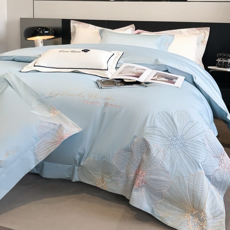 Spring and summer embroidery 100 long staple cotton four-piece set of high-end maternal and infant class A pure cotton bed cover four-piece set of headliner sheets