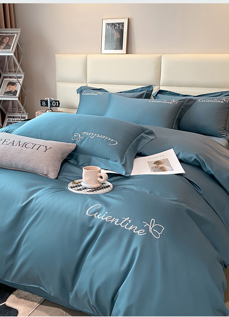 High-end Xinjiang long-staple cotton embroidery four-piece set cotton simple pure cotton bedding solid color bed sheet cover Class a