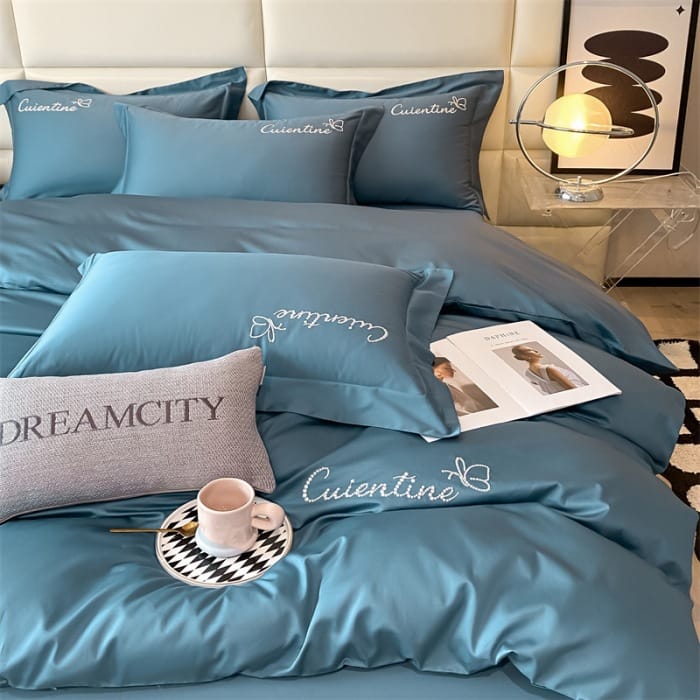 High-end Xinjiang long-staple cotton embroidery four-piece set cotton simple pure cotton bedding solid color bed sheet cover Class a