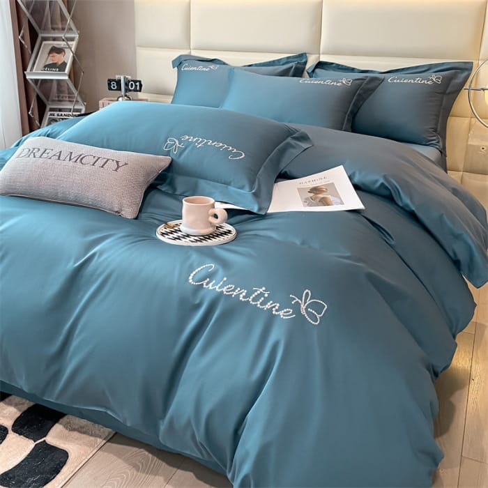 High-end Xinjiang long-staple cotton embroidery four-piece set cotton simple pure cotton bedding solid color bed sheet cover Class a