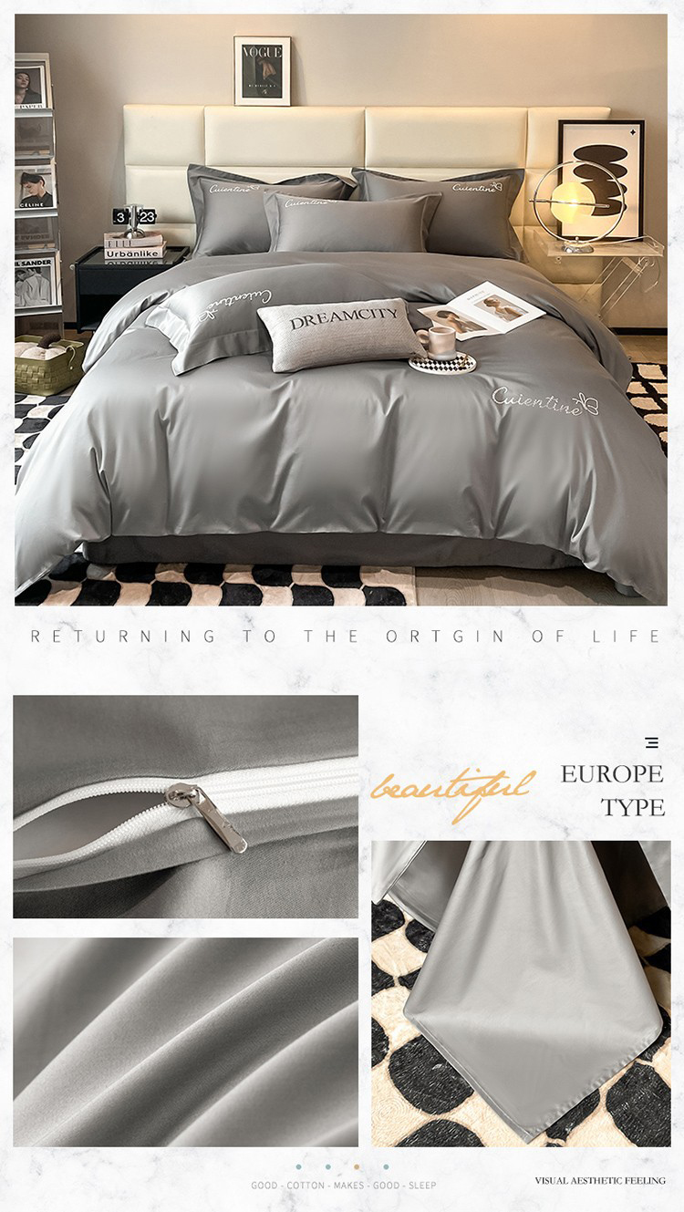 High-end Xinjiang long-staple cotton embroidery four-piece set cotton simple pure cotton bedding solid color bed sheet cover Class a
