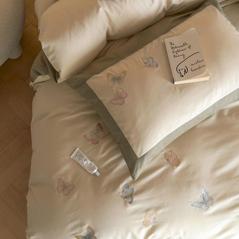 100 long staple cotton woolen embroidery all-cotton 4-piece set with autumn and winter thickened all-cotton bed sheet and quilt set with 3-piece bed set