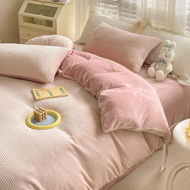 Winter Waffle milk fleece 4-piece bed set Coral flannel double-sided fleece duvet set 3-piece sheet set