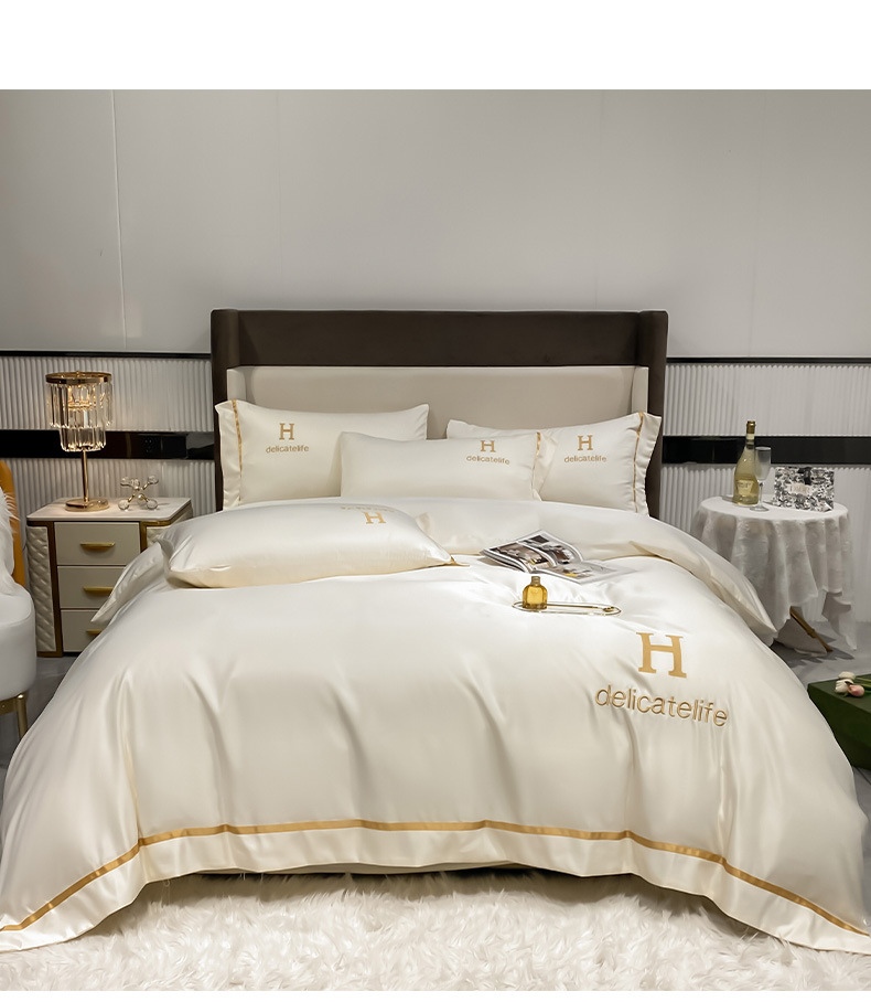 2023 new washed silk tencel ice silk embroidery four-piece set -H series home textile factory direct sales can be substituted