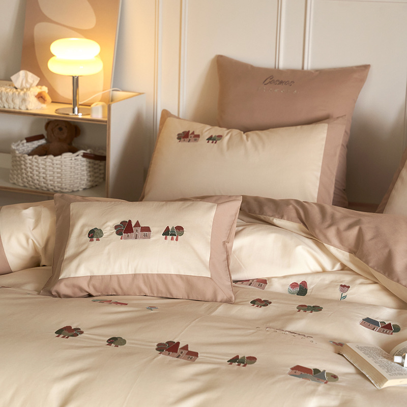 100 long staple cotton woolen embroidery all-cotton 4-piece set with autumn and winter thickened all-cotton bed sheet and quilt set with 3-piece bed set