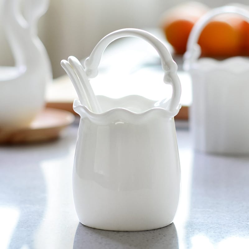 Bone China household tableware Ceramic pure white swan flower basket Chopsticks cage spoon chopsticks cylinder Chinese white hotel spoon