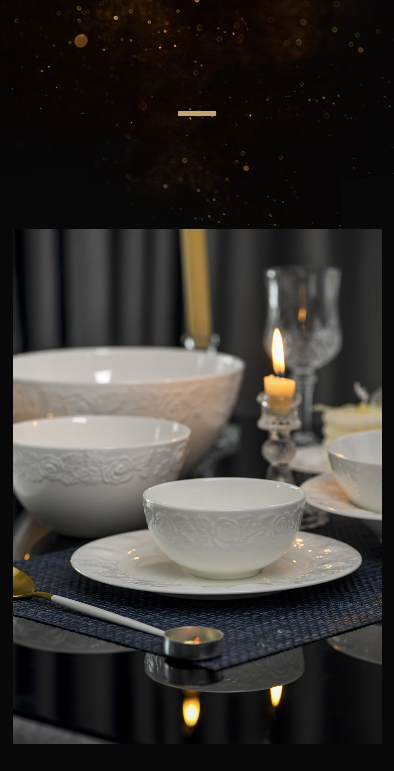 Bone China tableware pure white ceramic high-grade relief rose bowl set household high appearance level noodle bowl rice bowl plate