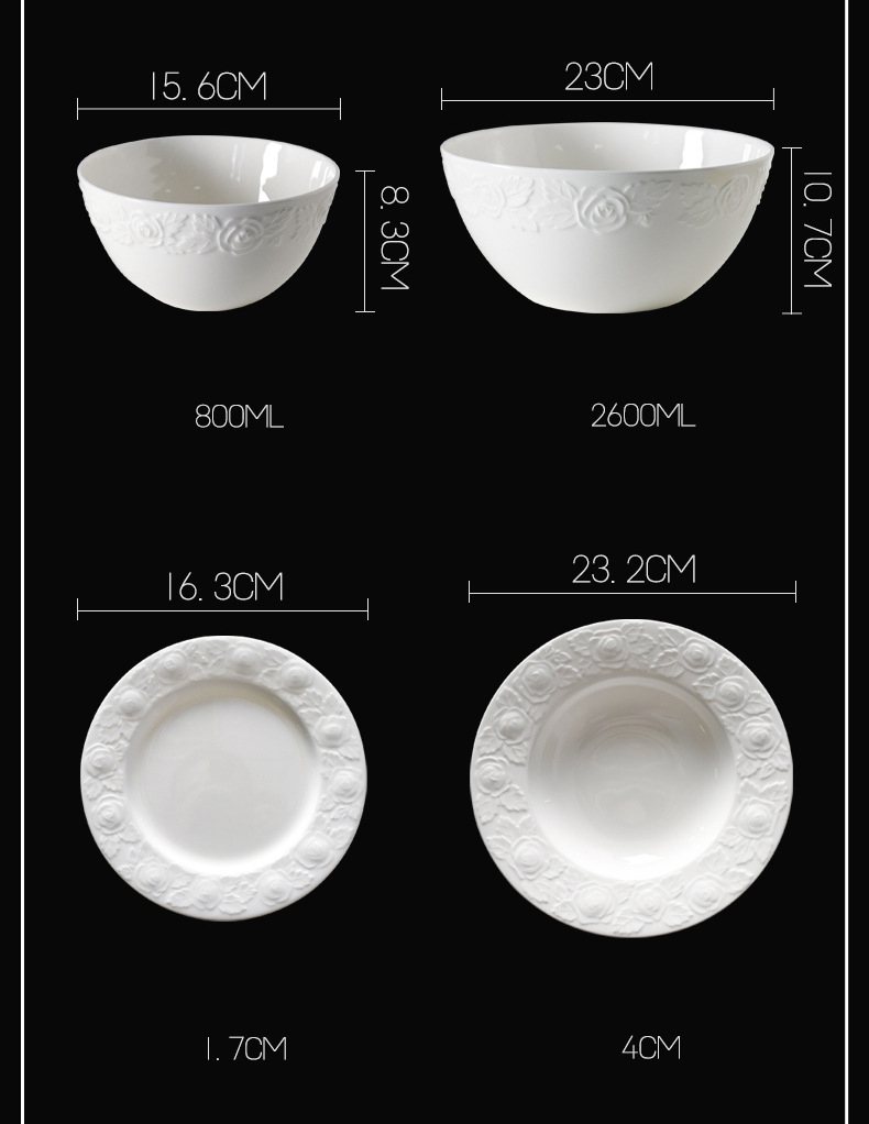 Bone China tableware pure white ceramic high-grade relief rose bowl set household high appearance level noodle bowl rice bowl plate