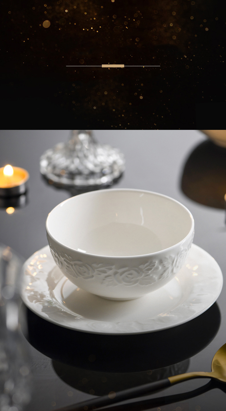 Bone China tableware pure white ceramic high-grade relief rose bowl set household high appearance level noodle bowl rice bowl plate