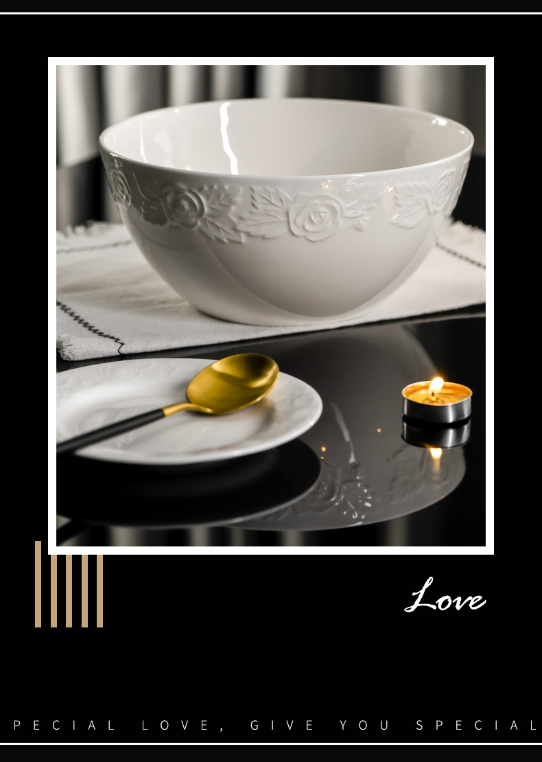 Bone China tableware pure white ceramic high-grade relief rose bowl set household high appearance level noodle bowl rice bowl plate