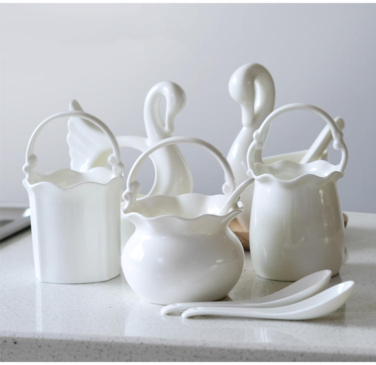 Bone China household tableware Ceramic pure white swan flower basket Chopsticks cage spoon chopsticks cylinder Chinese white hotel spoon