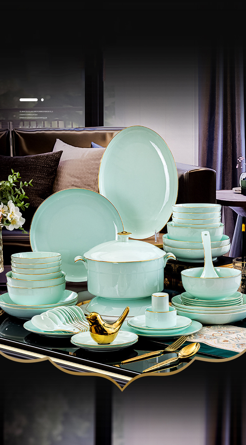Jingdezhen ceramic tableware set hand-painted bone China home Phnom Penh set bowl celadon bowl dish dish gift soup bowl