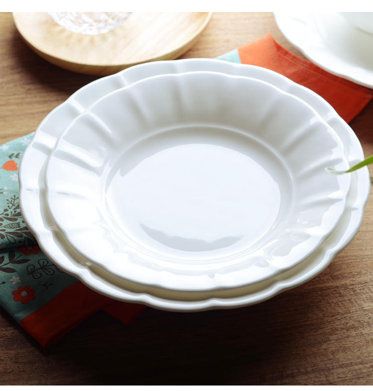 Flower relief pure white bone China tableware 7.5/8 inch soup plate Hot dish Deep dish dish household ceramic