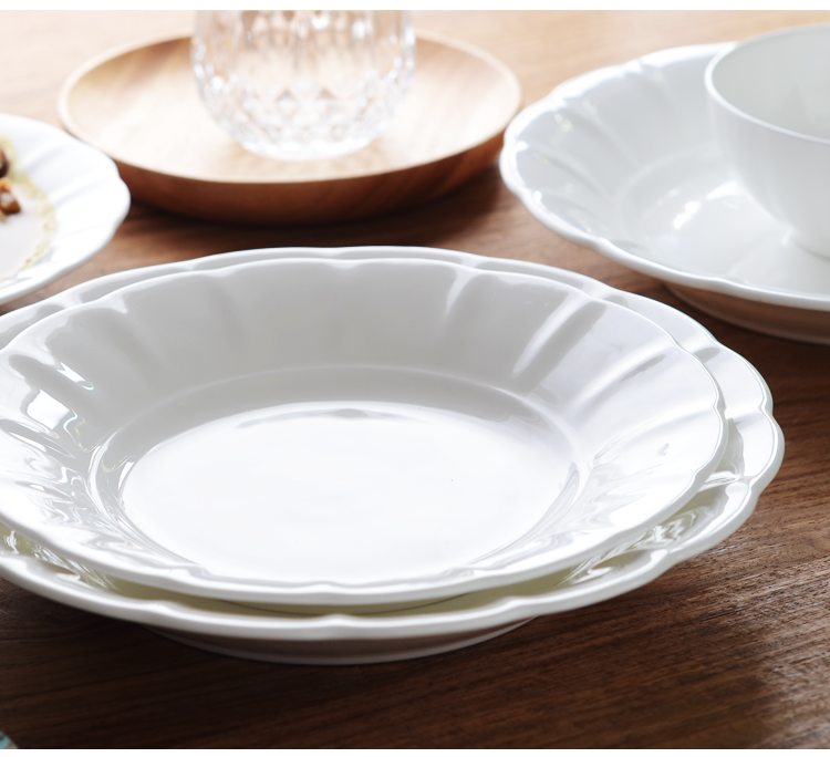 Flower relief pure white bone China tableware 7.5/8 inch soup plate Hot dish Deep dish dish household ceramic