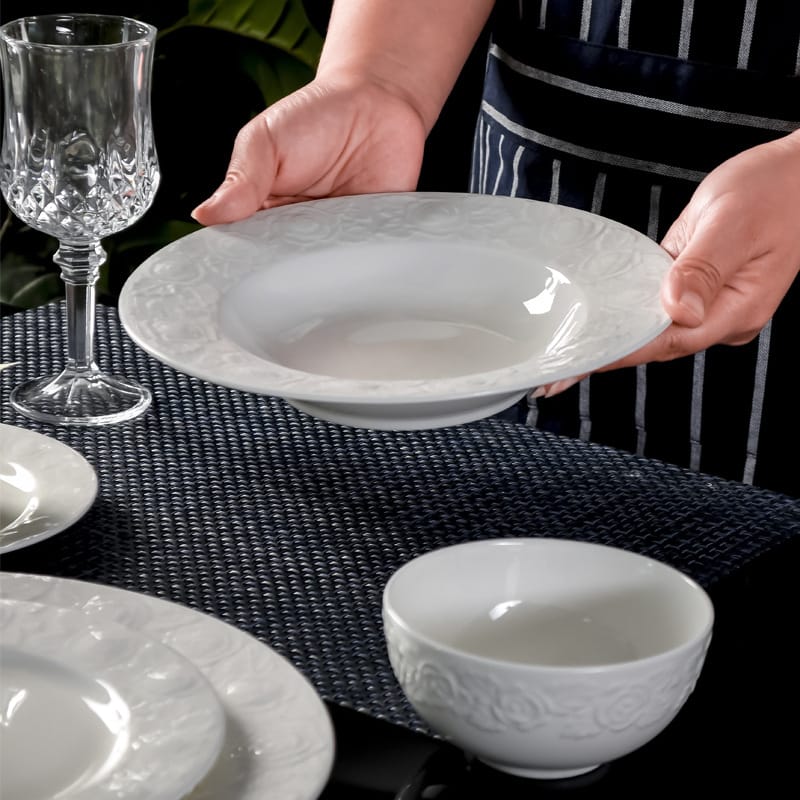 Bone China tableware pure white ceramic high-grade relief rose bowl set household high appearance level noodle bowl rice bowl plate