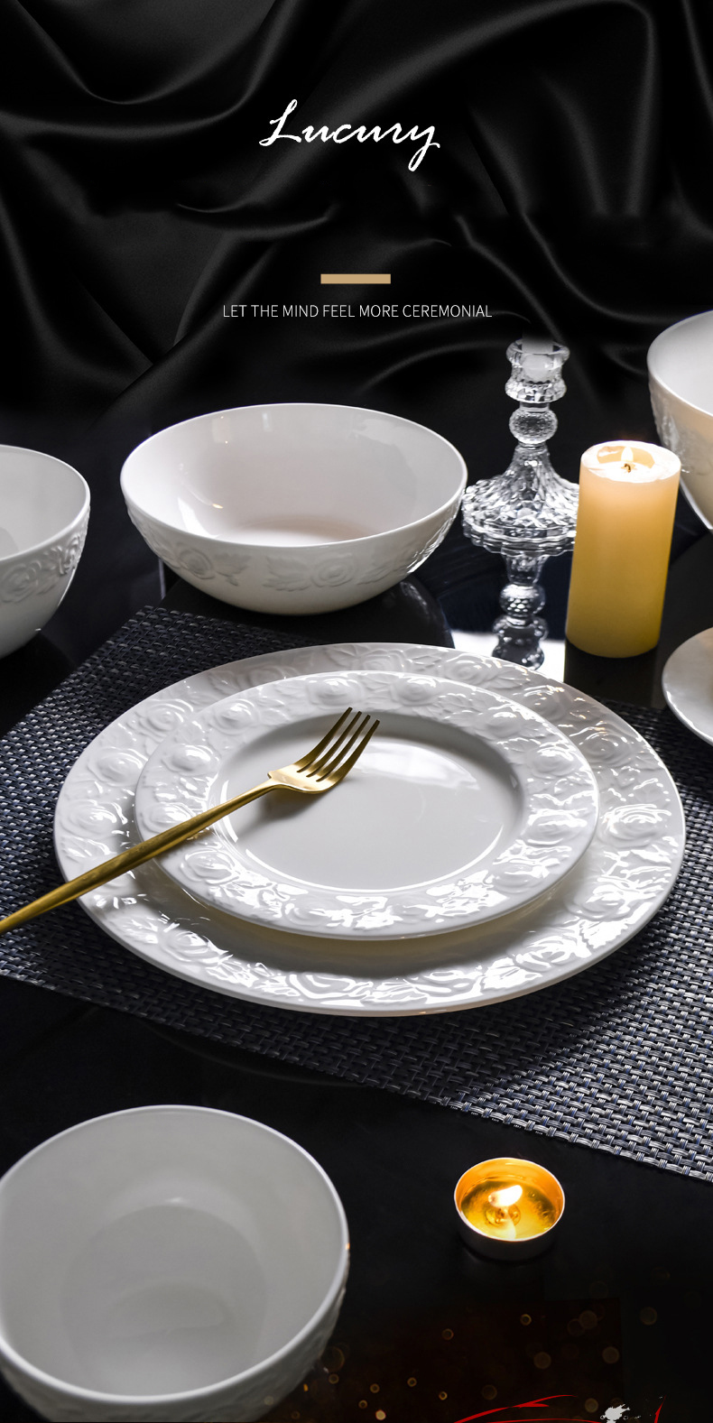 Bone China tableware pure white ceramic high-grade relief rose bowl set household high appearance level noodle bowl rice bowl plate