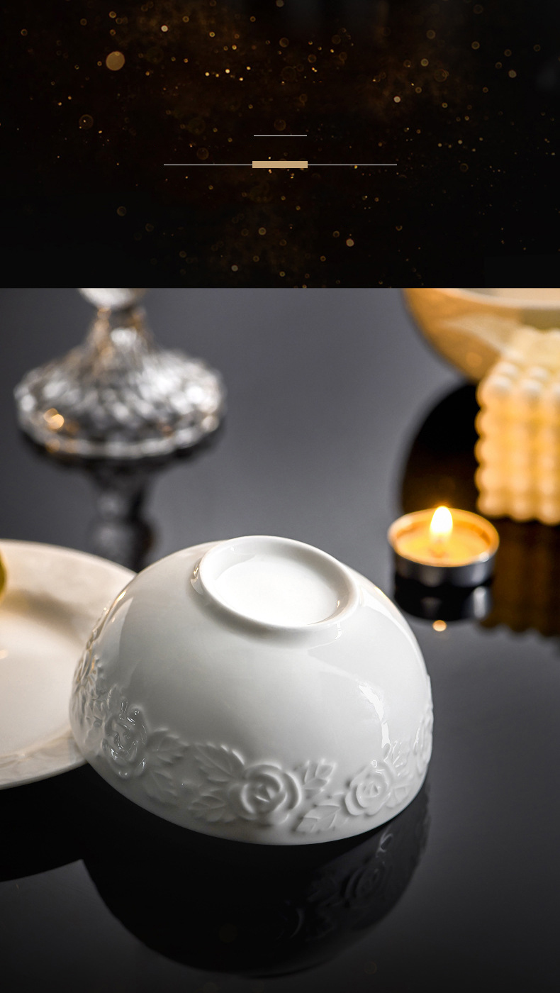 Bone China tableware pure white ceramic high-grade relief rose bowl set household high appearance level noodle bowl rice bowl plate