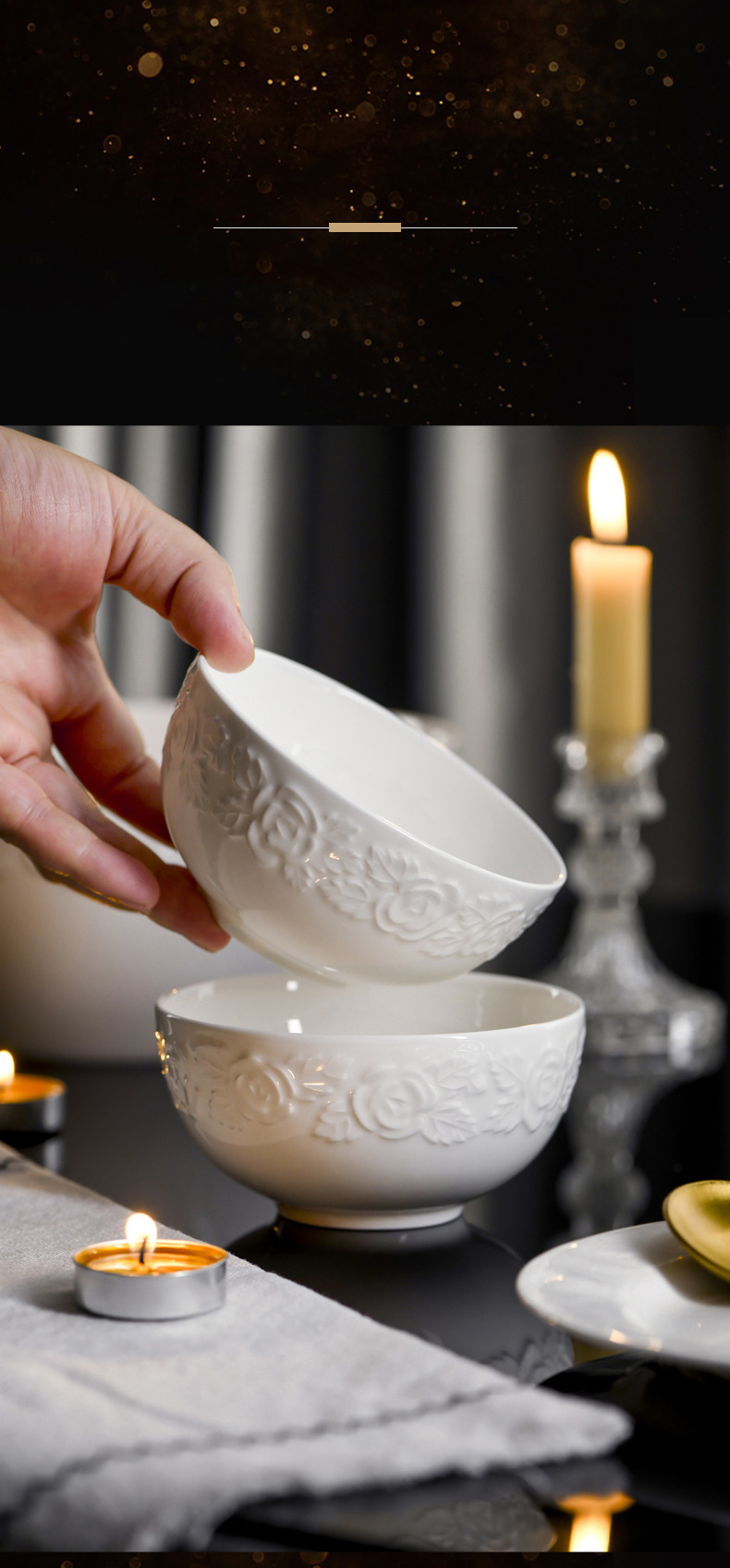 Bone China tableware pure white ceramic high-grade relief rose bowl set household high appearance level noodle bowl rice bowl plate