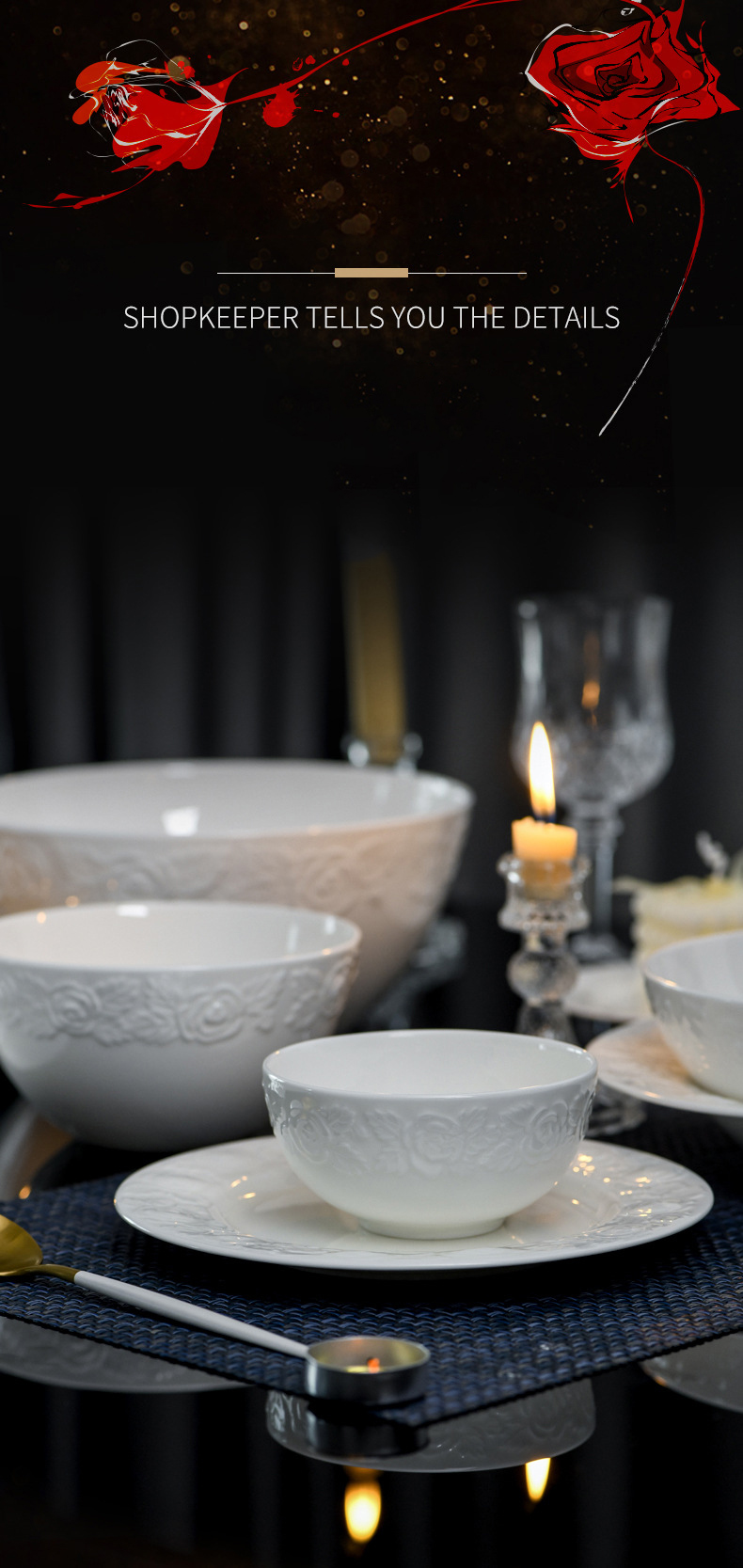 Bone China tableware pure white ceramic high-grade relief rose bowl set household high appearance level noodle bowl rice bowl plate