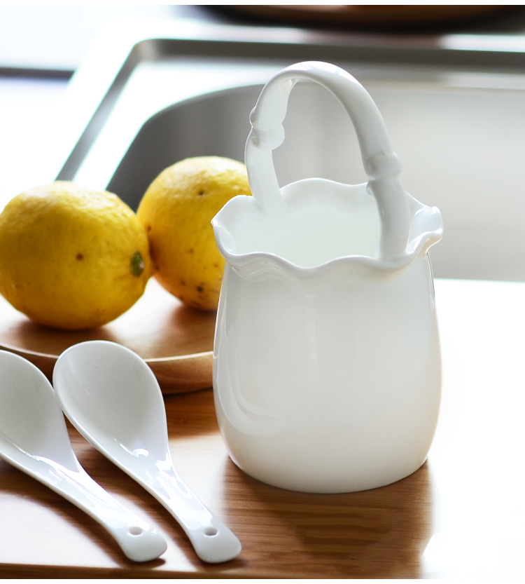 Bone China household tableware Ceramic pure white swan flower basket Chopsticks cage spoon chopsticks cylinder Chinese white hotel spoon