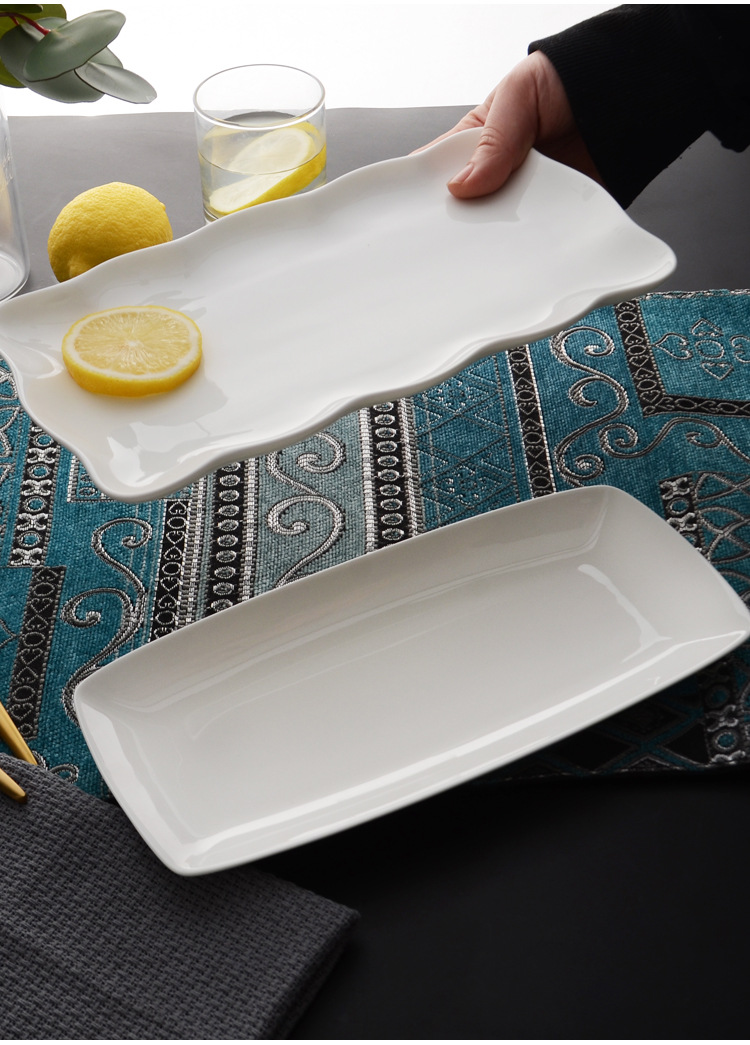 Tangshan bone China plate pure white ceramic rectangular plate long fish plate wholesale Nordic wind sushi plate home