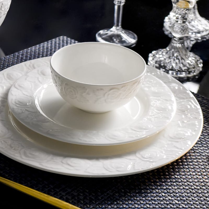 Bone China tableware pure white ceramic high-grade relief rose bowl set household high appearance level noodle bowl rice bowl plate