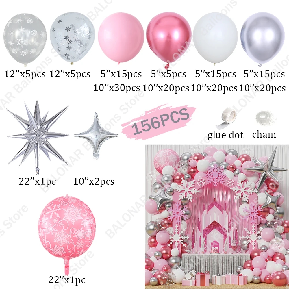 Christma Pink Winter Wonderland Balloon Garland Arch Kit Pink Chrome Silver White Balloon for Girl Princess Birthday Party Decor
