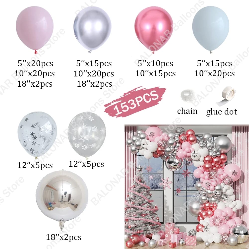 Christma Pink Winter Wonderland Balloon Garland Arch Kit Pink Chrome Silver White Balloon for Girl Princess Birthday Party Decor