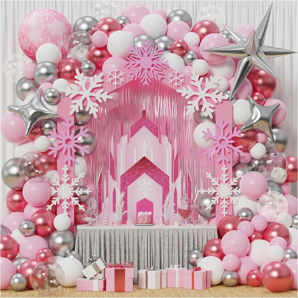 Christma Pink Winter Wonderland Balloon Garland Arch Kit Pink Chrome Silver White Balloon for Girl Princess Birthday Party Decor