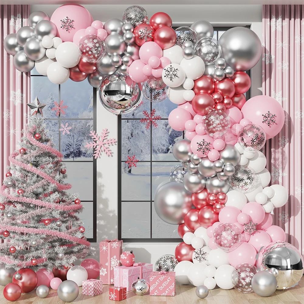 Christma Pink Winter Wonderland Balloon Garland Arch Kit Pink Chrome Silver White Balloon for Girl Princess Birthday Party Decor