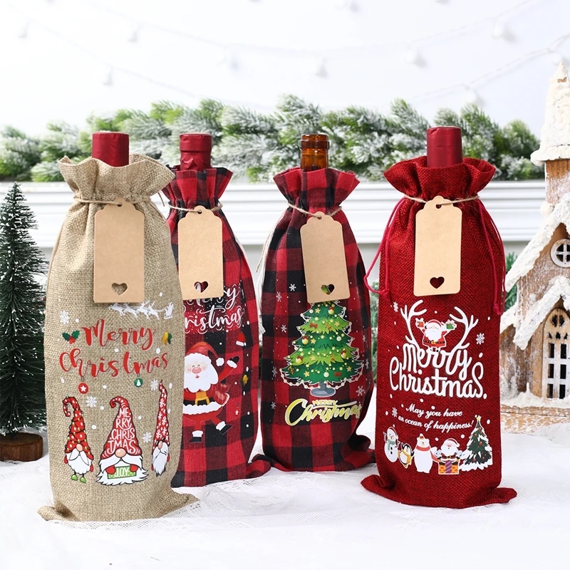 Christmas Burlap Wine Bags Christmas Decorations For Home 2023 Navidad Noel Kerst Natal Xmas Wine Bottle Covers New Year 2024