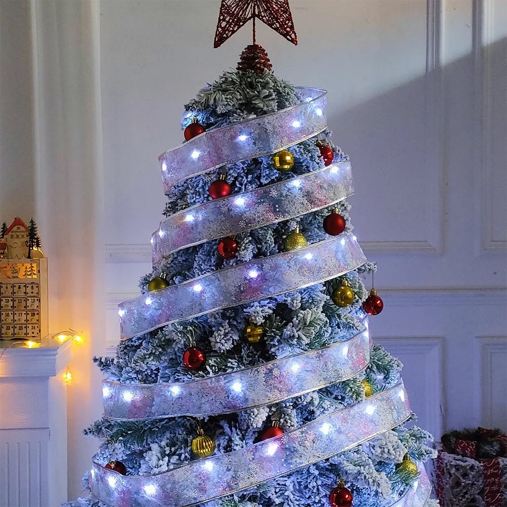 10M Christmas Decoration Xmas Tree Ribbon Fairy Light Ornaments Home Xmas String Lights Navidad Christmas Ribbon With LED Lights