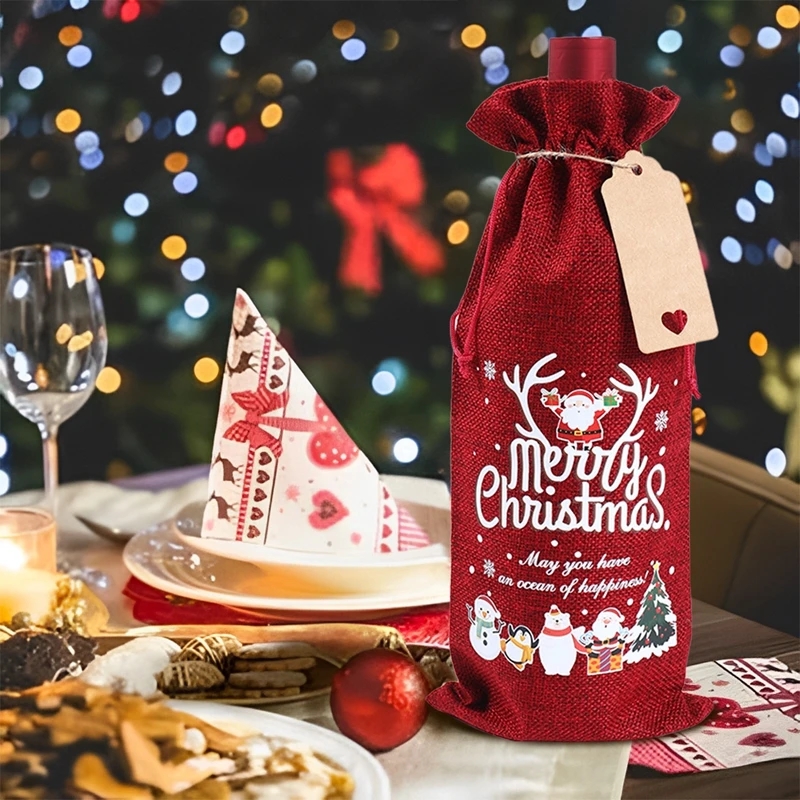 Christmas Burlap Wine Bags Christmas Decorations For Home 2023 Navidad Noel Kerst Natal Xmas Wine Bottle Covers New Year 2024