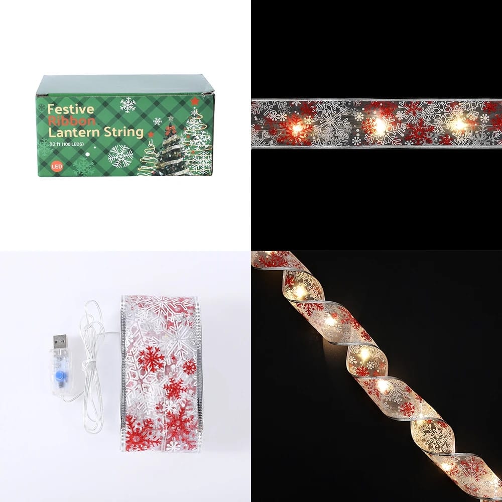 10M Christmas Decoration Xmas Tree Ribbon Fairy Light Ornaments Home Xmas String Lights Navidad Christmas Ribbon With LED Lights