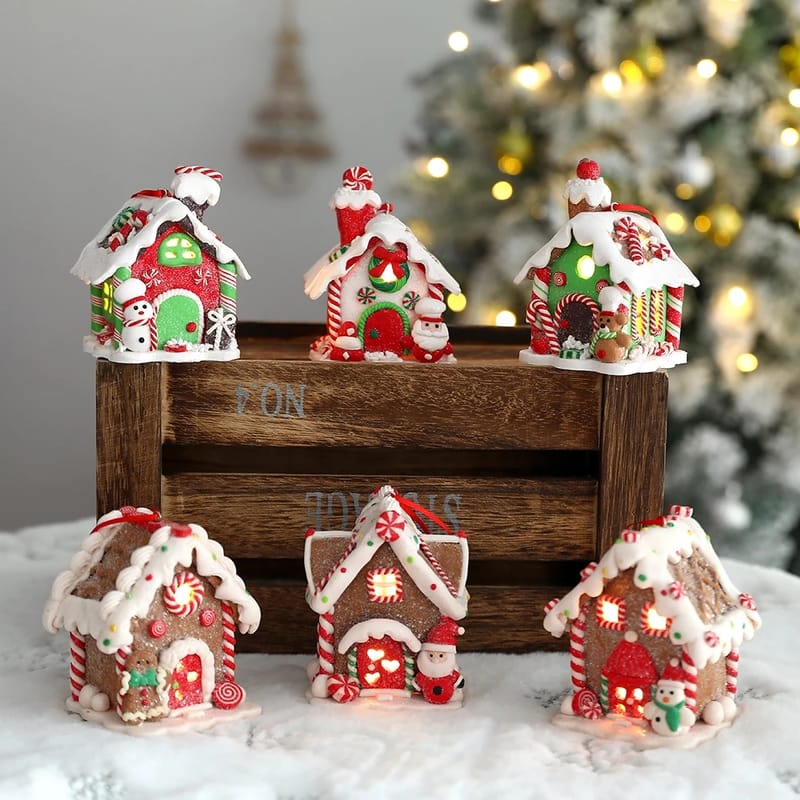 6pcs Christmas Soft Pottery Cottage With LED Light Pendant Snowman Santa Xmas Tree Hanging Ornament for New Year Christmas Decor