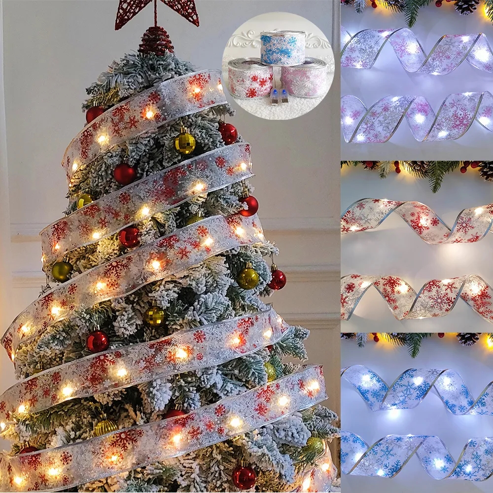 10M Christmas Decoration Xmas Tree Ribbon Fairy Light Ornaments Home Xmas String Lights Navidad Christmas Ribbon With LED Lights