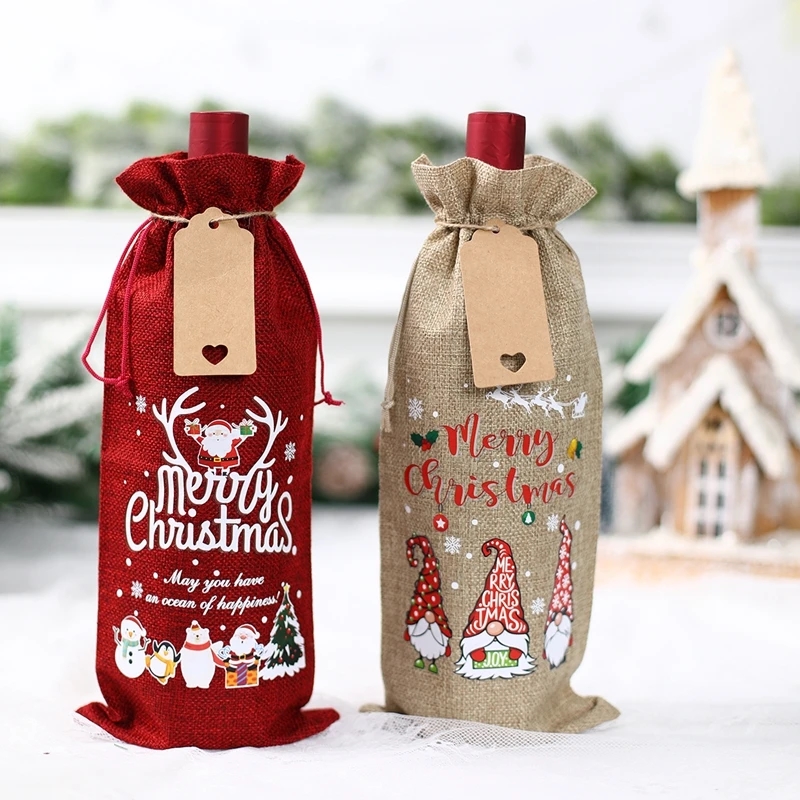 Christmas Burlap Wine Bags Christmas Decorations For Home 2023 Navidad Noel Kerst Natal Xmas Wine Bottle Covers New Year 2024