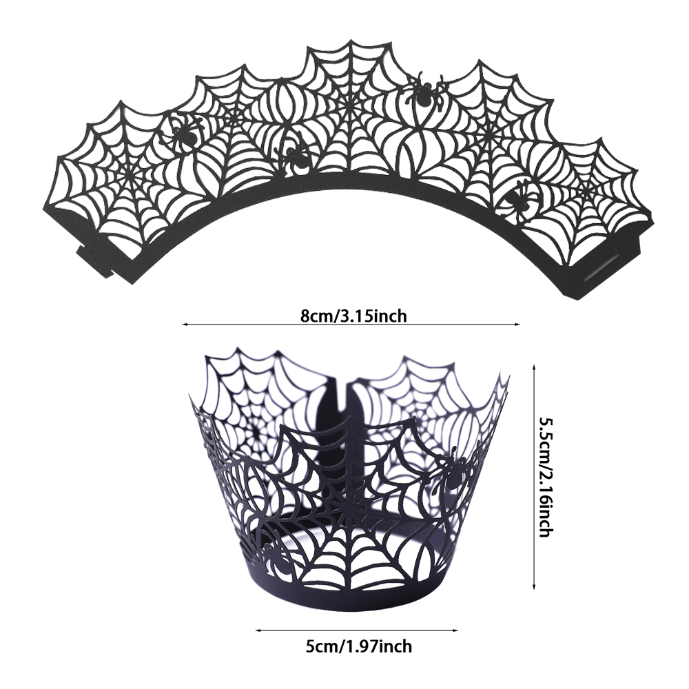12pcs Halloween Cupcake Wrappers Spiderweb Witch Castle Laser Cut Paper Liners Holders for Birthday Party Halloween Decoration