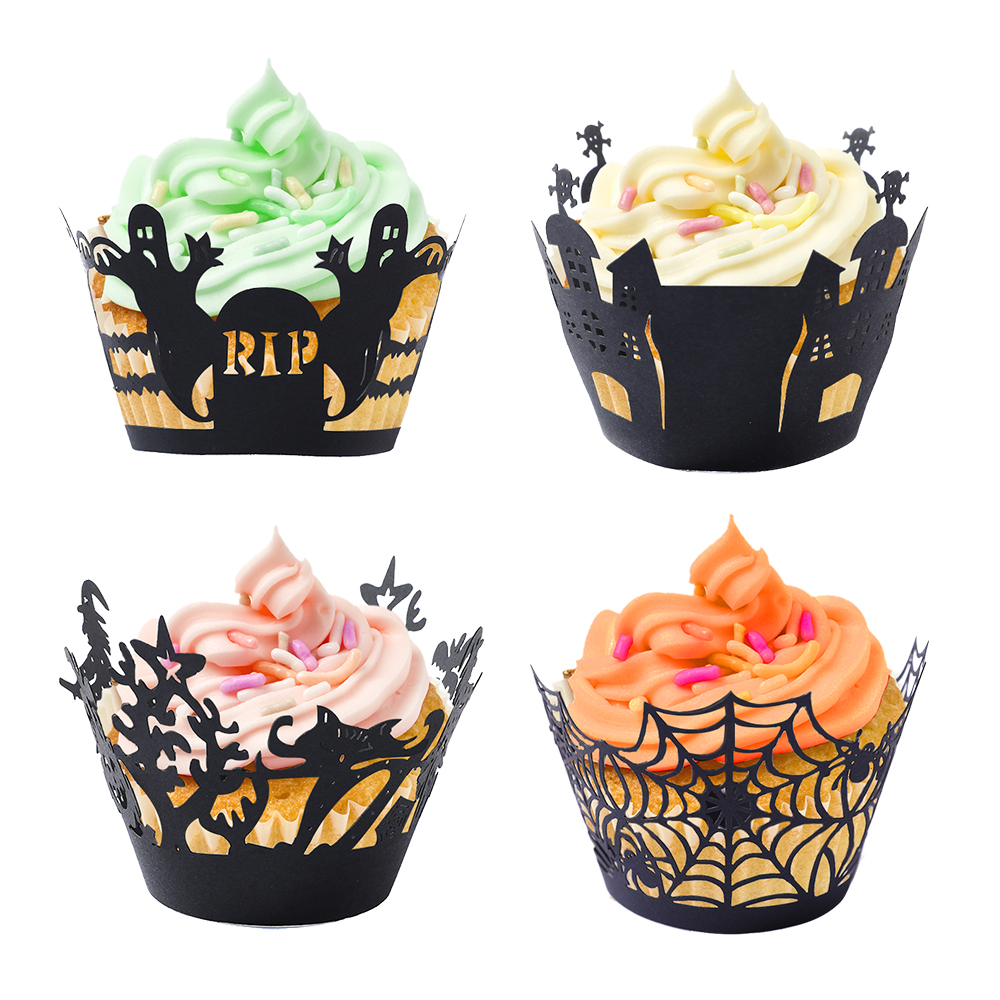 12pcs Halloween Cupcake Wrappers Spiderweb Witch Castle Laser Cut Paper Liners Holders for Birthday Party Halloween Decoration