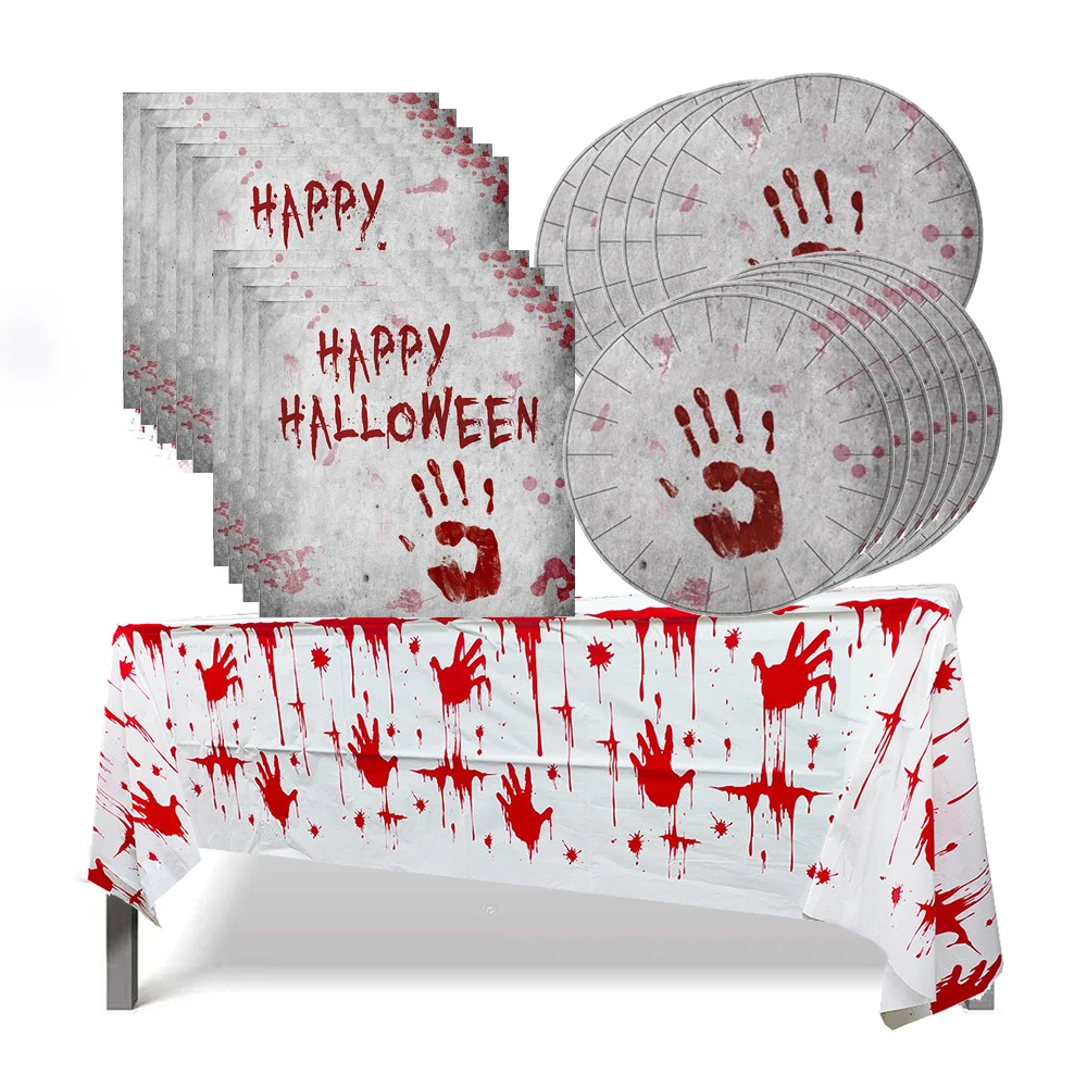 Halloween Bloody Tableware Set Zombie Bloody Decorations Handprints Paper Cups Plates Napkins PVC Tablecovers for Party Supplies