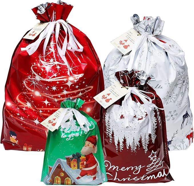 Drawstring Christmas Gift Bags - 20PCS Assorted Sizes Christmas Bags for Presents -Christmas Plastic Wrapping Bags Bulk - Xmas Gift Bags, 4 Designs (5 of Each) Extra Large\\/Big\\/Medium\\/Small Sizes