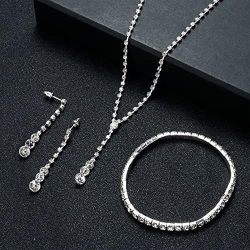 CASSIECA Silver Bridal Jewelry Set Rhinestone Necklace Bracelet Dangle Earrings for Bride Bridesmaid Teardrop Pendant Crystal Wedding Prom Jewelry Accessories for Women