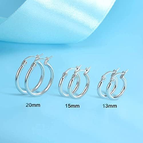 3 Pairs 925 Sterling Silver Hoop Earrings | Small White Gold Plated Hoop Earrings for Women (13mm,15mm,20mm，25mm,30mm,40mm,50mm,60mm)