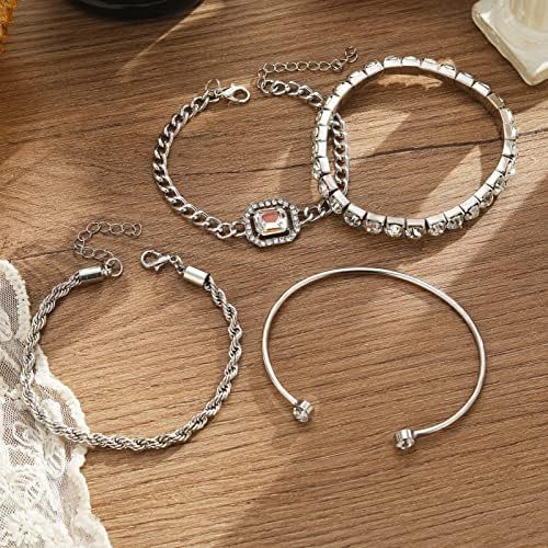 4 Pcs Dainty Gold Silver Bracelets Set for Women 14K Plated Link Cubic Zirconia Paperclip Stake Layering Chain Adjustable Trendy Hand Jewelry