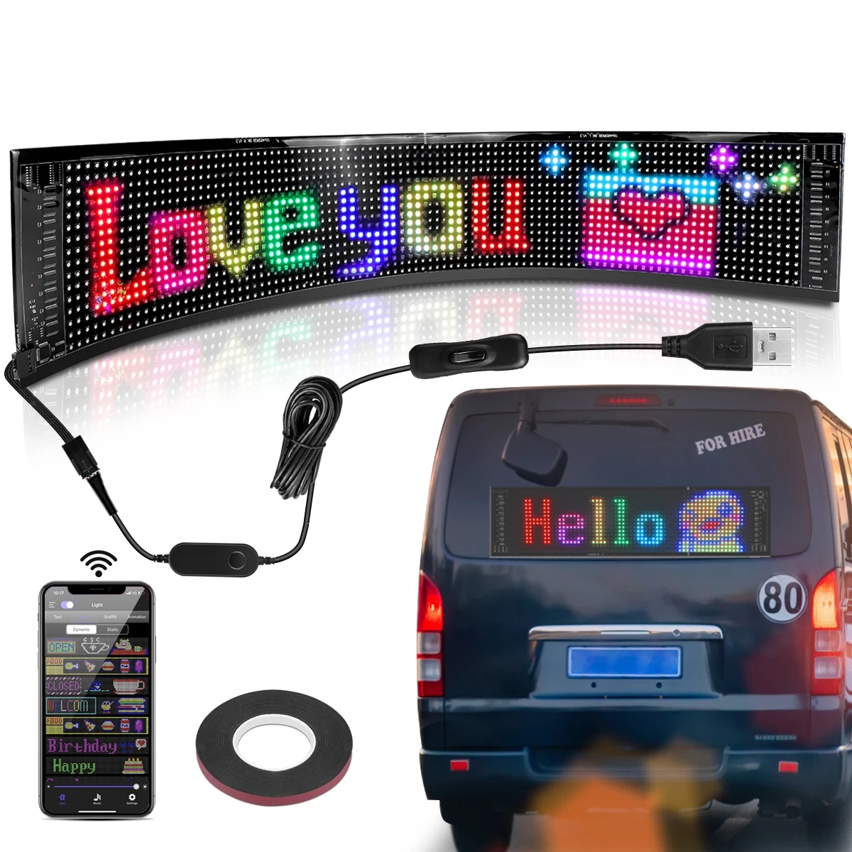 Scrolling Advertising LED Sign USB 5V Bluetooth App Control Logo Light Custom Text Pattern Animation Programmable Display Car