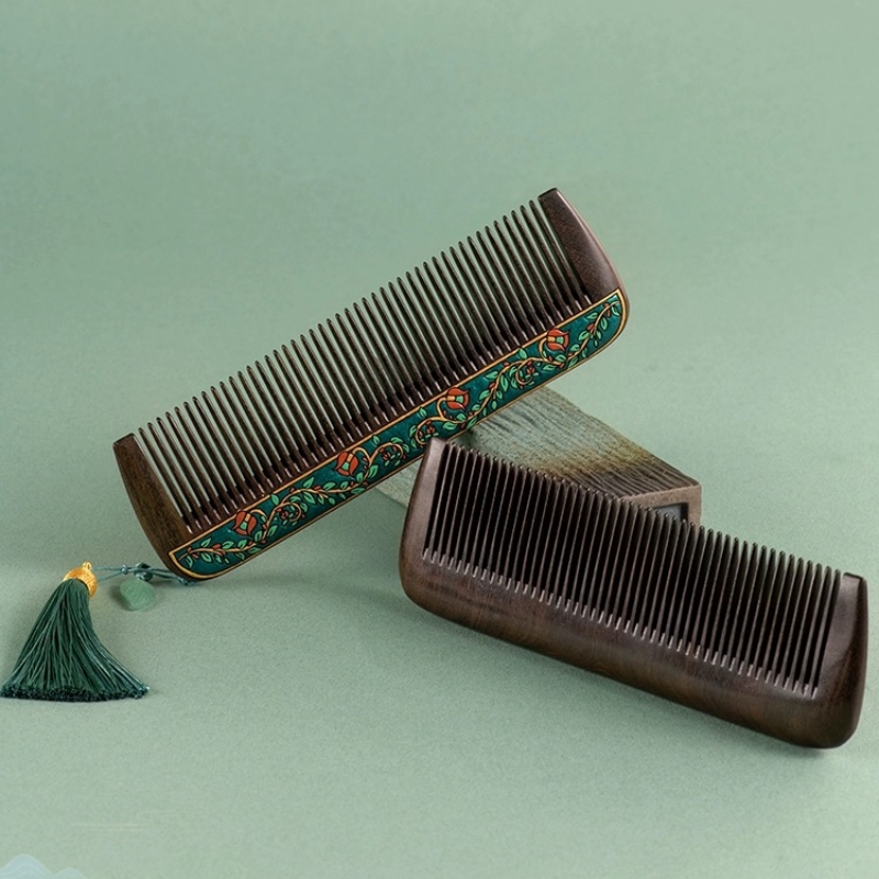 Sandalwood square comb with flower hand painting