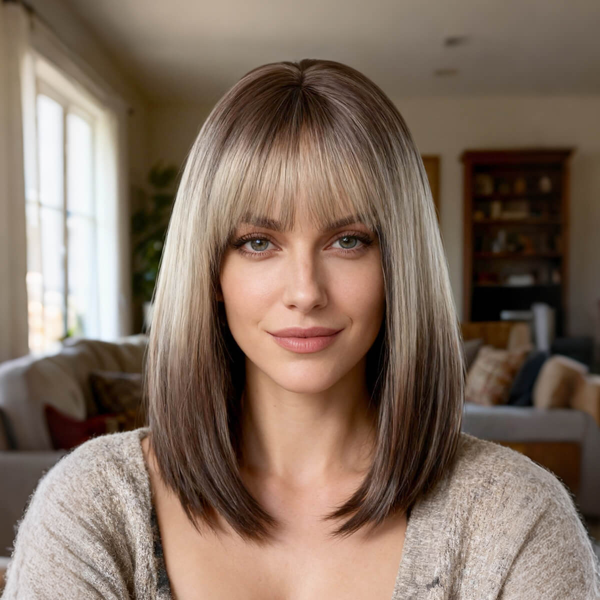 DALUSE WIG Brown Blonde Reverse Ombre 14-inch Bob Straight Bangs Wig