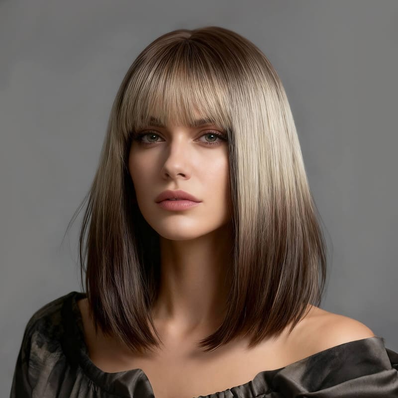 DALUSE WIG Brown Blonde Reverse Ombre 14-inch Bob Straight Bangs Wig