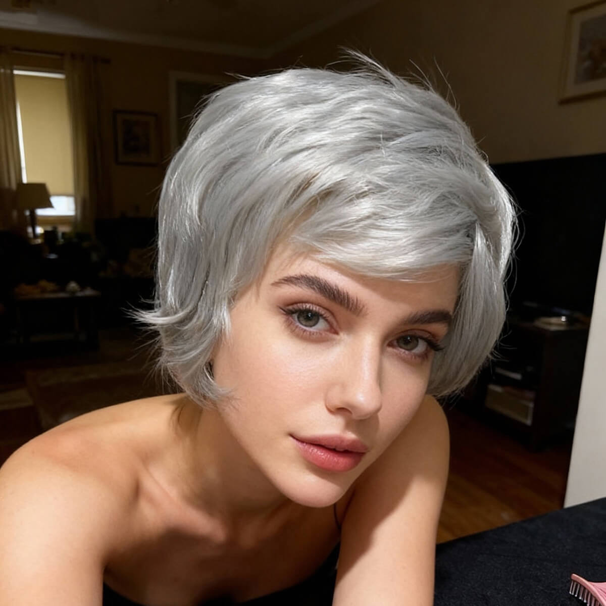 DALUSE WIG Straight Silver Gray Layered Short Bangs Wig