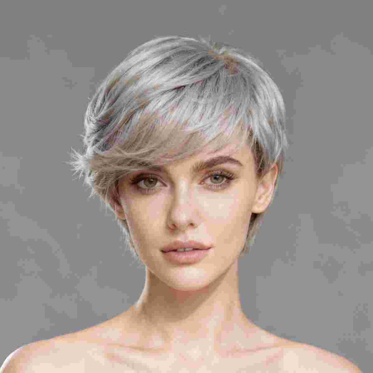 DALUSE WIG Straight Silver Gray Layered Short Bangs Wig